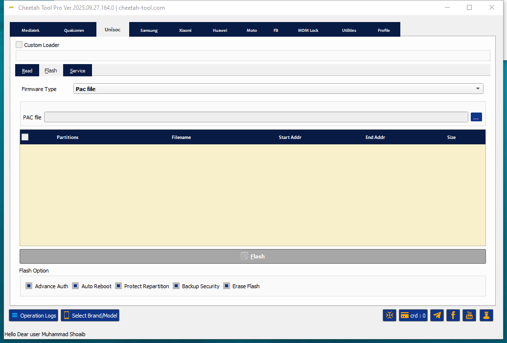 Cheetah tool interface showing imei repair unlock network flash firmware and frp reset options