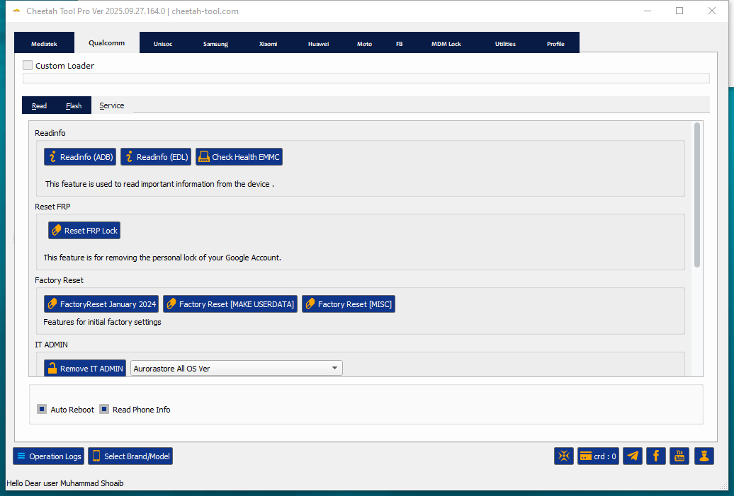 Cheetah tool interface showing options for imei repair network unlock frp reset and firmware flashing.