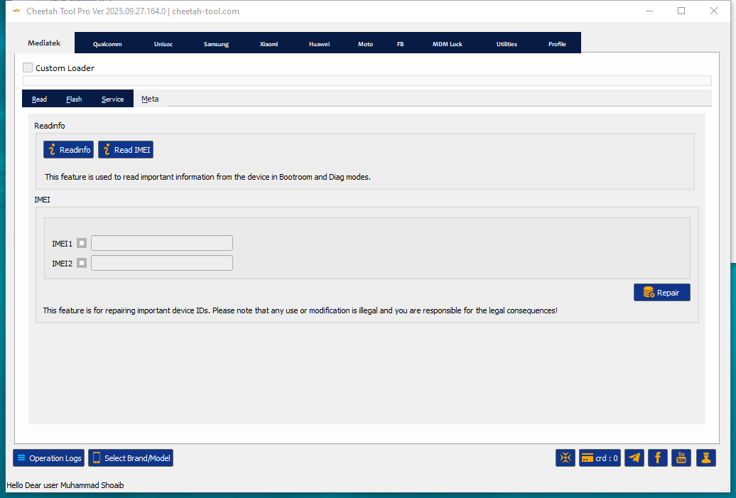 Cheetah tool interface for imei repair network unlock flash firmware and frp reset