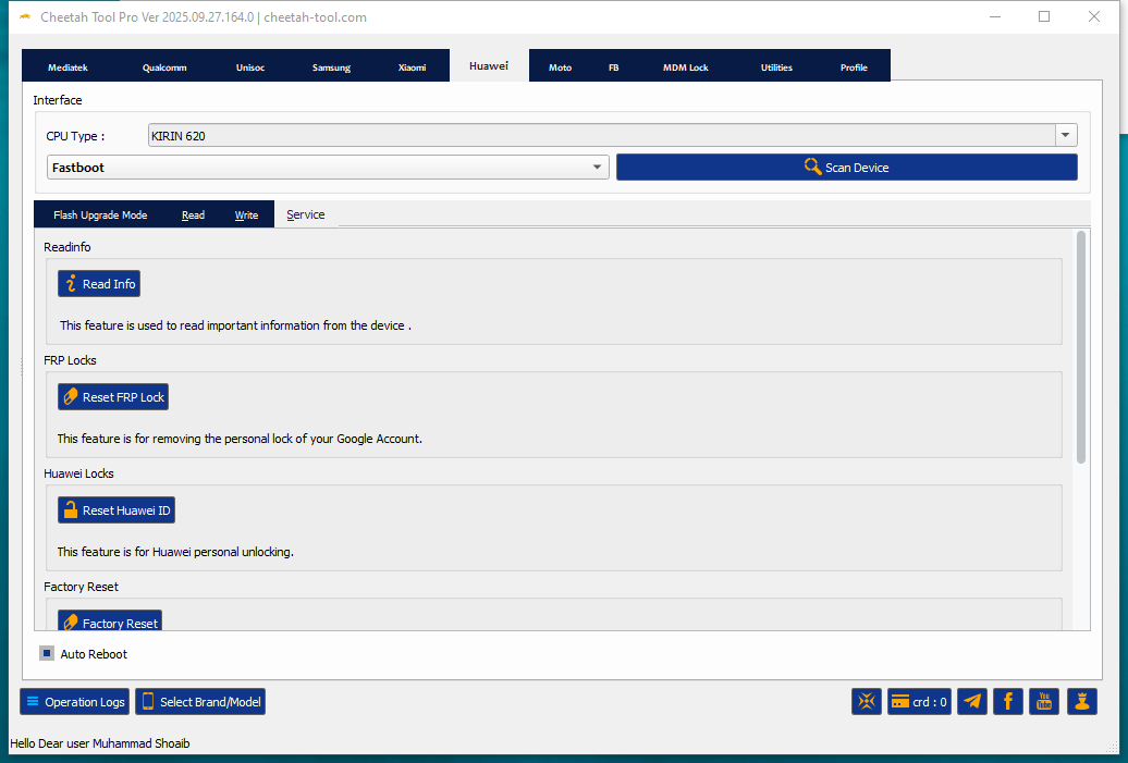Cheetah tool interface for imei repair network unlock frp reset and firmware flashing.