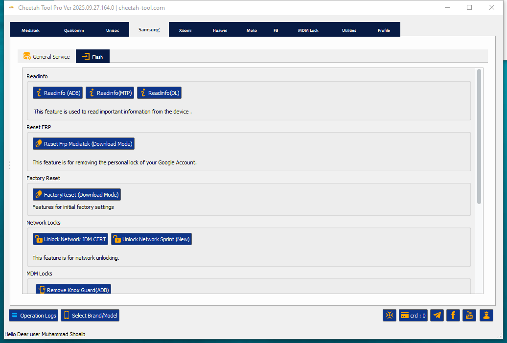 Cheetah tool interface showing imei repair unlock network flash firmware and frp reset features.