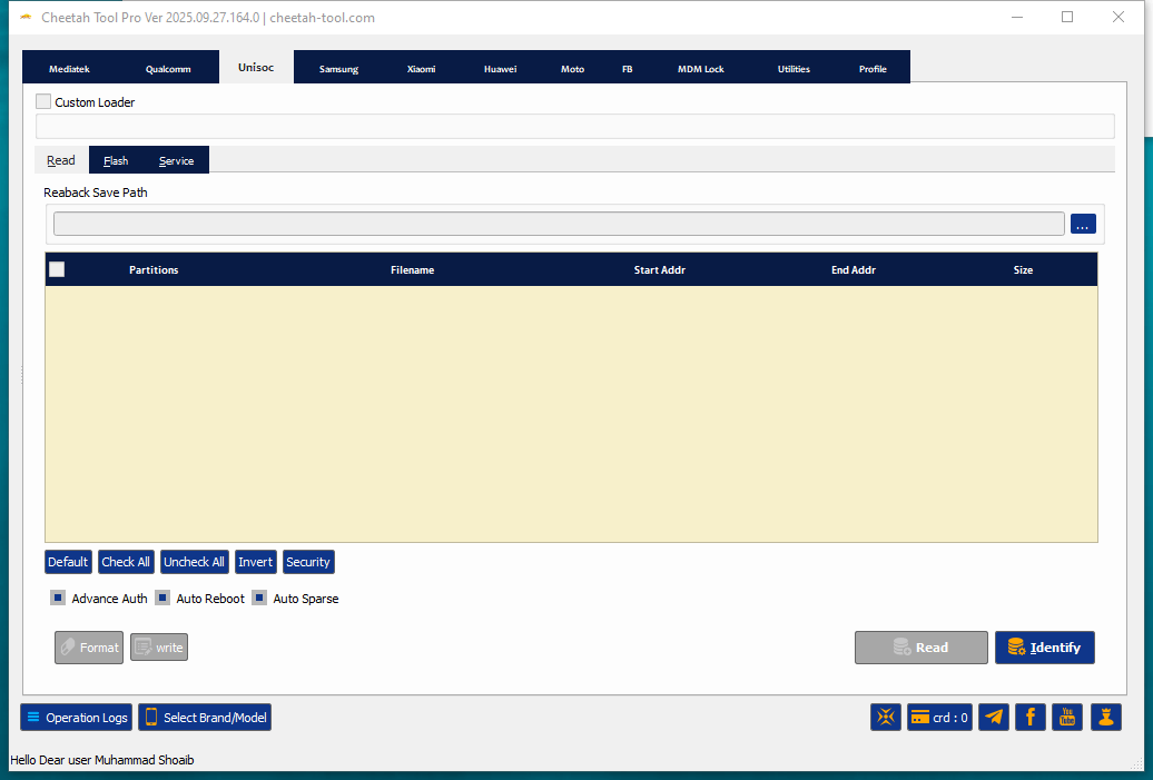 Cheetah tool pro interface showing options for imei repair unlock network flash firmware and reset frp