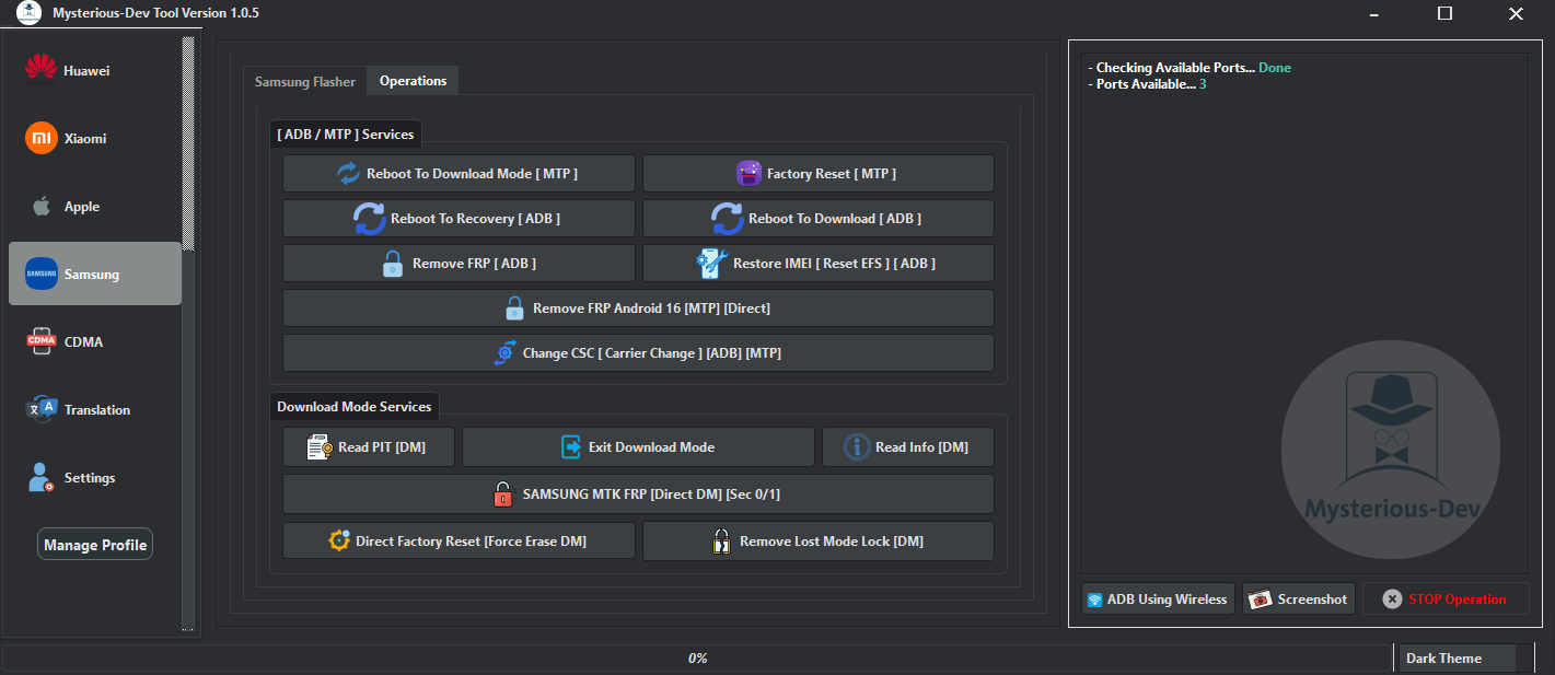 Mysterious-dev tool interface showing multi-brand smartphone repair and unlocking options