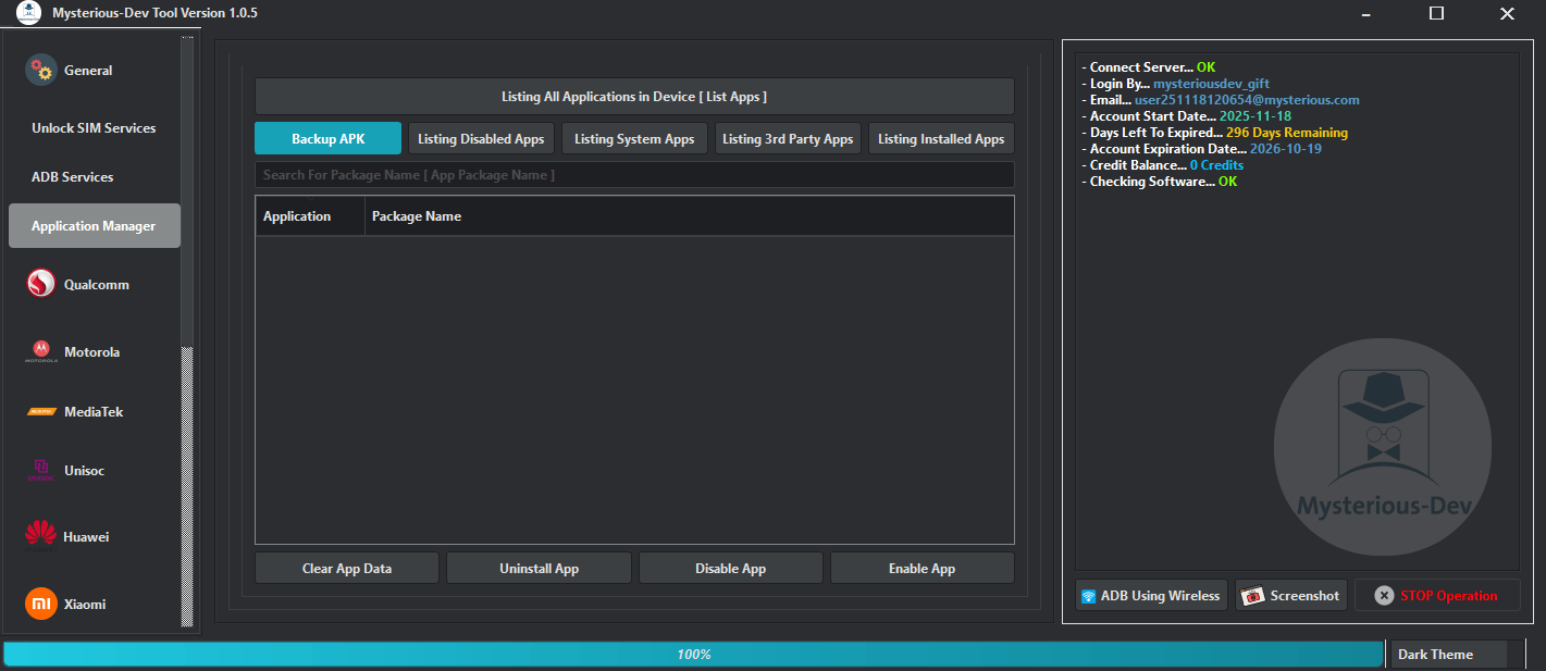 Mysterious-dev tool interface showing multi-brand smartphone repair features such as frp removal imei repair flashing and bootloader services.
