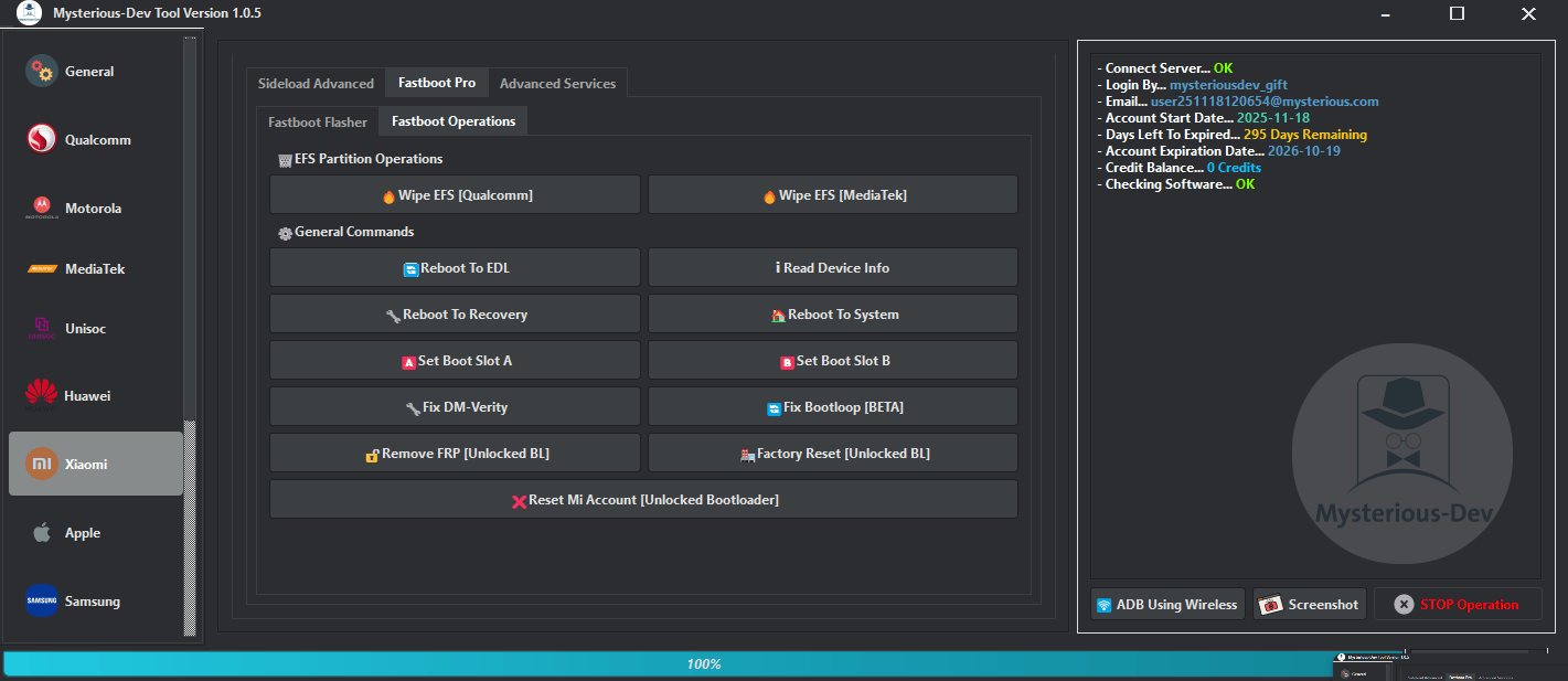 Mysterious-dev tool interface showing multi-brand unlocking flashing frp removal and repair features