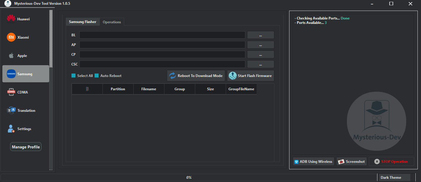 Mysterious-dev tool interface showing multi-brand smartphone repair features including frp removal sim unlock firmware flashing imei repair and device service options.