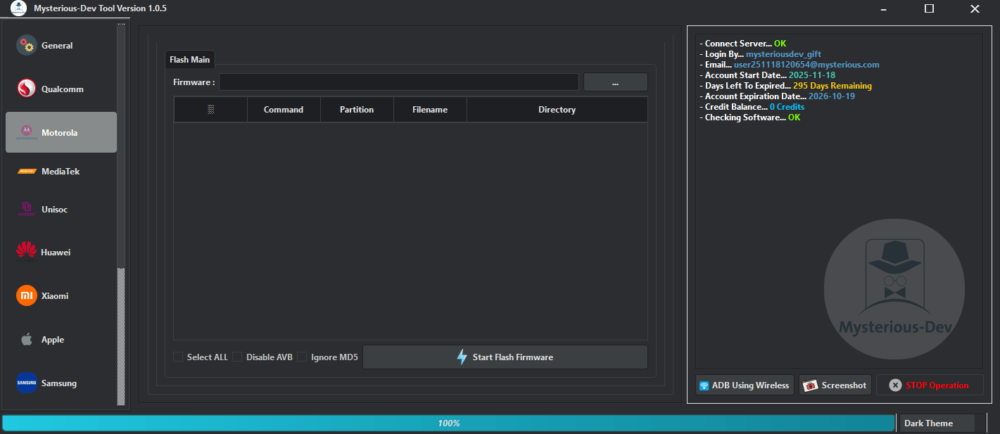 Mysterious-dev tool interface showing multi-brand smartphone repair options including unlocking flashing frp removal imei repair and firmware services.