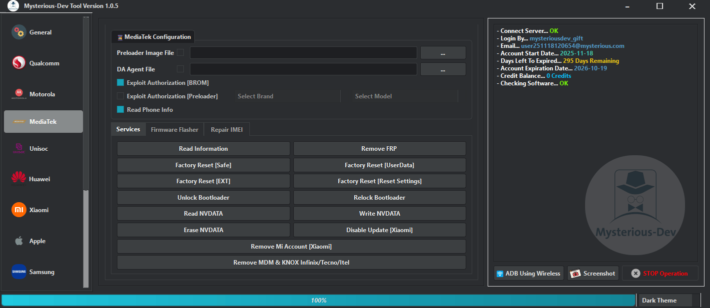 Mysterious dev tool interface showing smartphone unlocking flashing and repair options