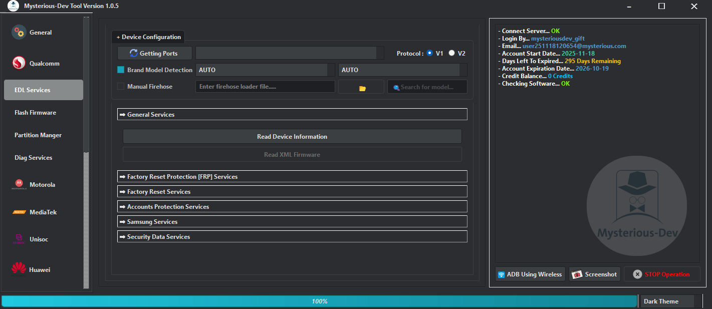 Mysterious dev tool interface showing multi-brand unlocking and flashing options for smartphone repair