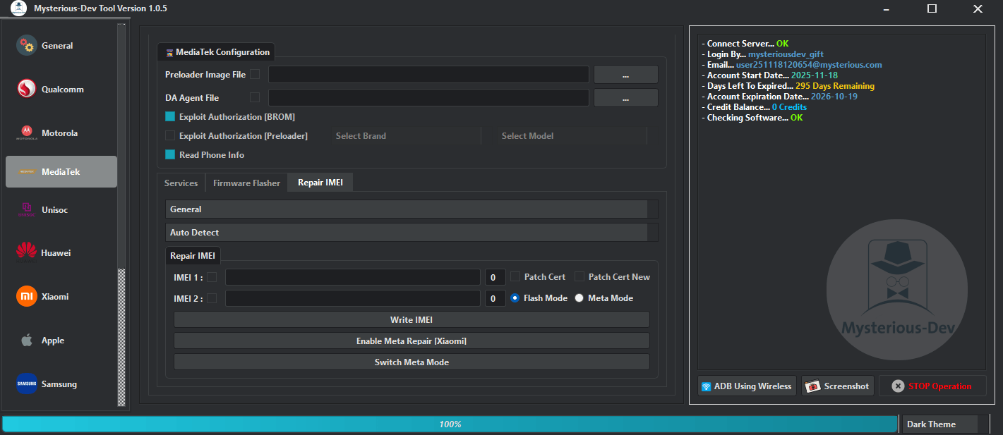 Mysterious-dev tool interface showing smartphone unlocking flashing and repair options for samsung xiaomi huawei qualcomm and mediatek devices.