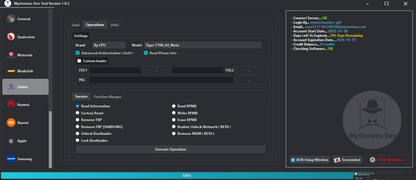 Mysterious-dev tool interface showing smartphone repair flashing unlocking and frp bypass features