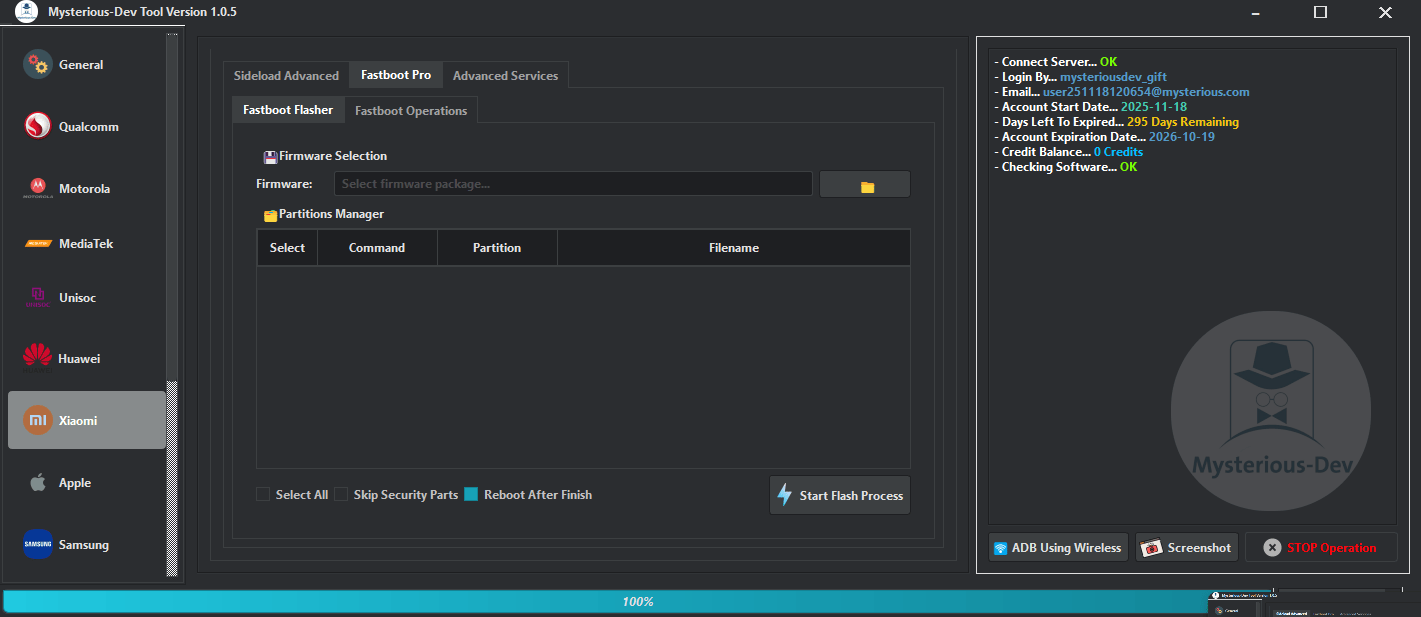 Mysterious-dev tool download interface showing smartphone unlocking flashing and repair features