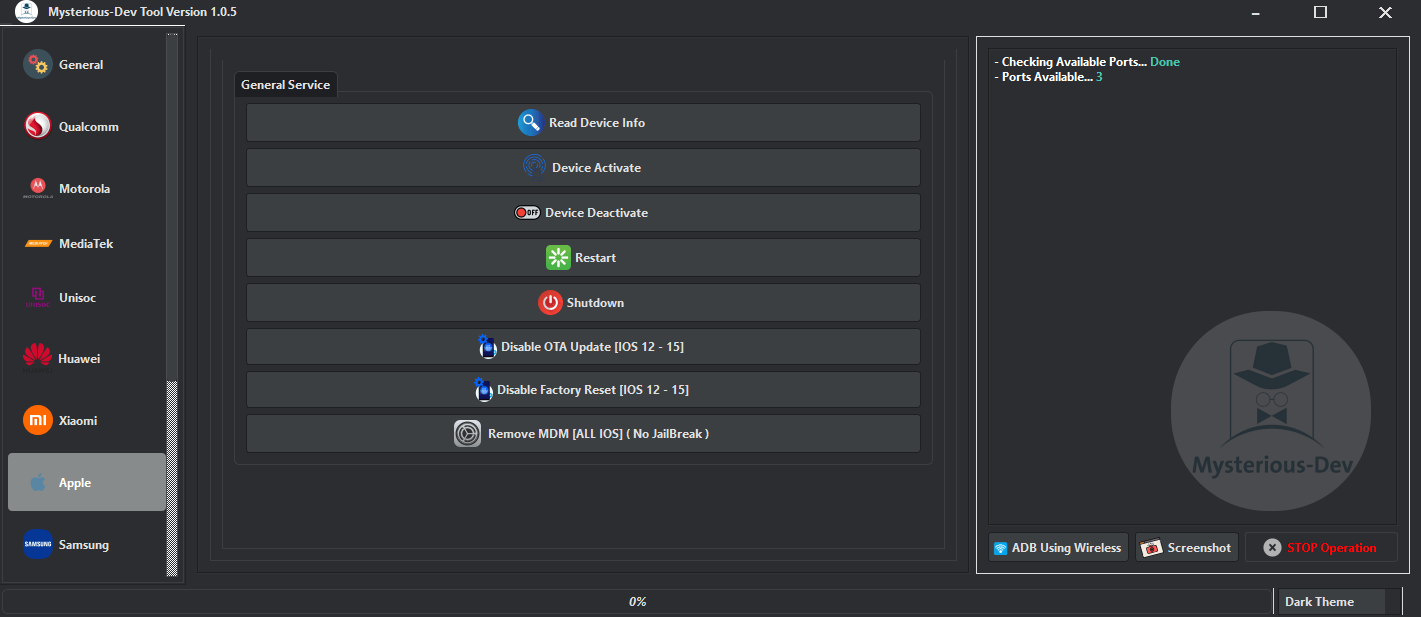 Mysterious dev tool interface showcasing features for unlocking flashing repairing smartphones including frp bypass and imei repair