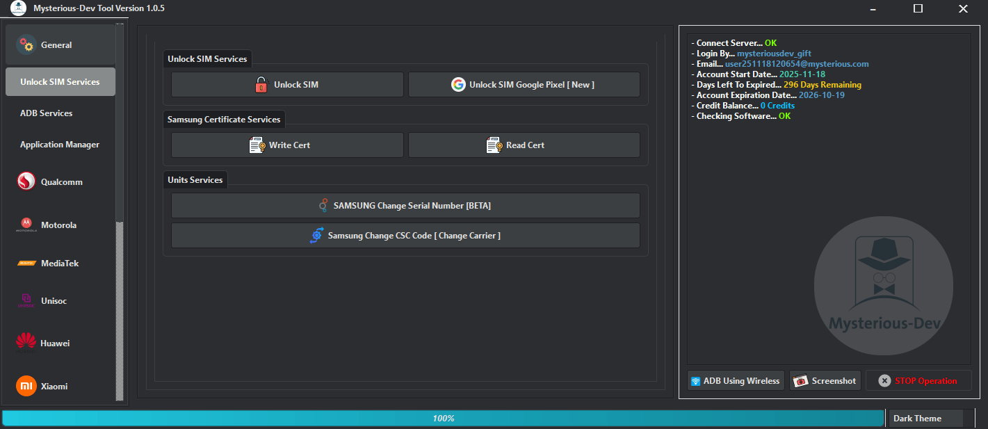 Mysterious dev tool unlocking flashing and mobile repair software interface for android smartphones