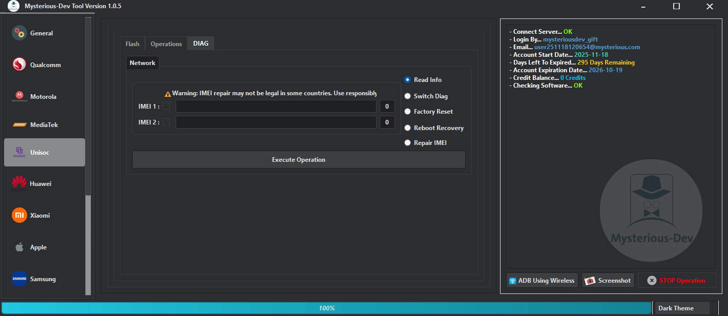 Mysterious-dev tool setup screen showing smartphone unlocking flashing and repair options for android devices