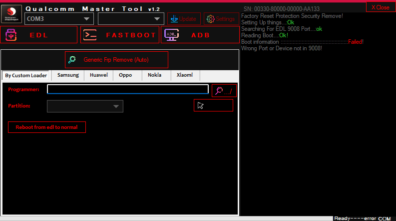 Qualcomm master tool showing the edl mode and by custom loader tab with frp removal options.