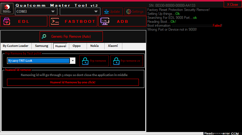 Qualcomm master tool showing the huawei tab with options for frp removal via testpoint and huawei id bypass.
