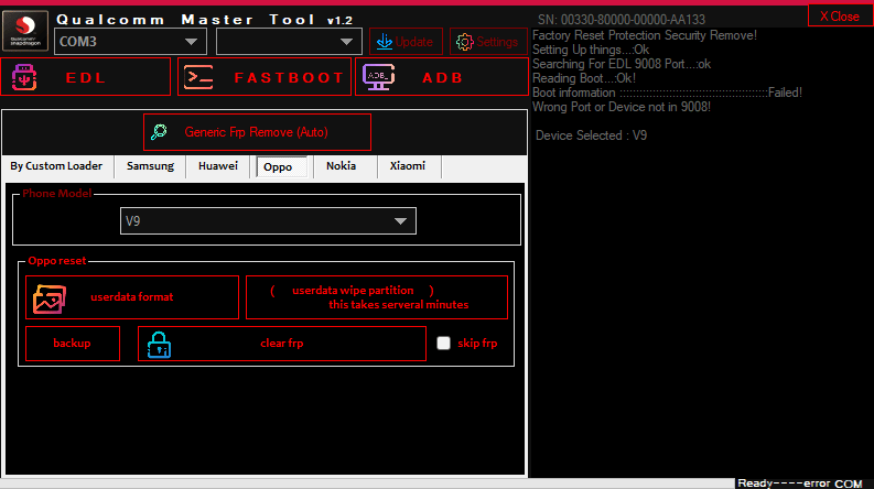 Screenshot of qualcomm master tool v1. 2 showing the oppo tab with options for userdata format partition wipe and frp removal.