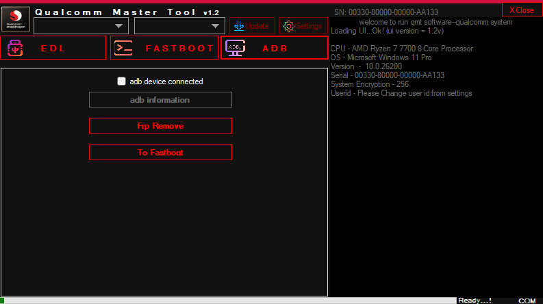 Qualcomm master tool v1. 2 showing the adb tab with options for checking device connection reading adb information removing frp and rebooting to fastboot.
