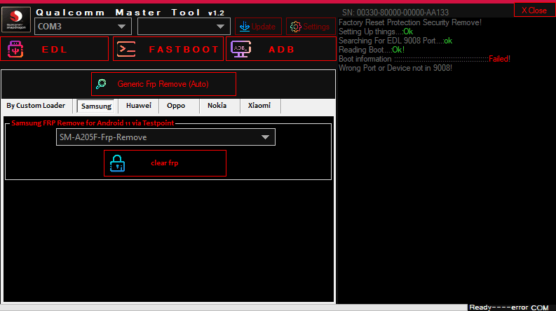 Qualcomm master tool v1. 2 showing the samsung tab for frp removal via testpoint.