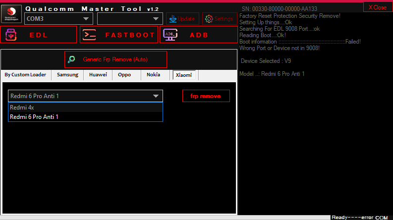 Screenshot of qualcomm master tool v1. 2 showing the xiaomi tab with a dropdown for model selection and an frp remove button.