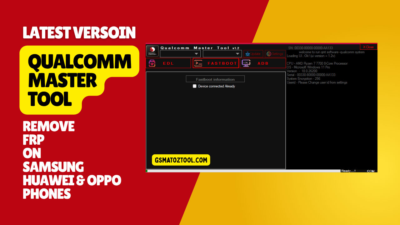 Qualcomm master tool v1. 2 interface displaying mobile servicing frp bypass and unlocking options across edl fastboot and adb modes.