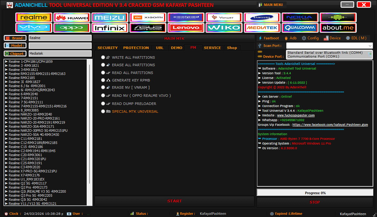 Adanichell tool main dashboard showing realme device models and the mediatek remove demo section.