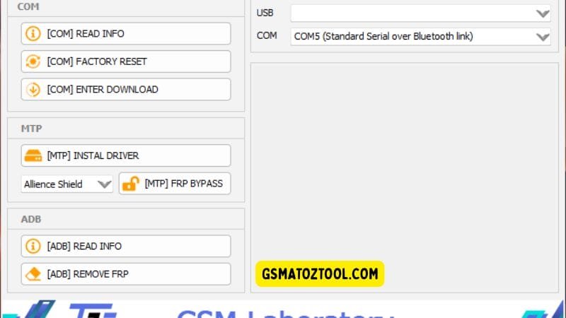 Samsung frp bypass gsm laboratory tool interface showing com mtp and adb options for frp removal
