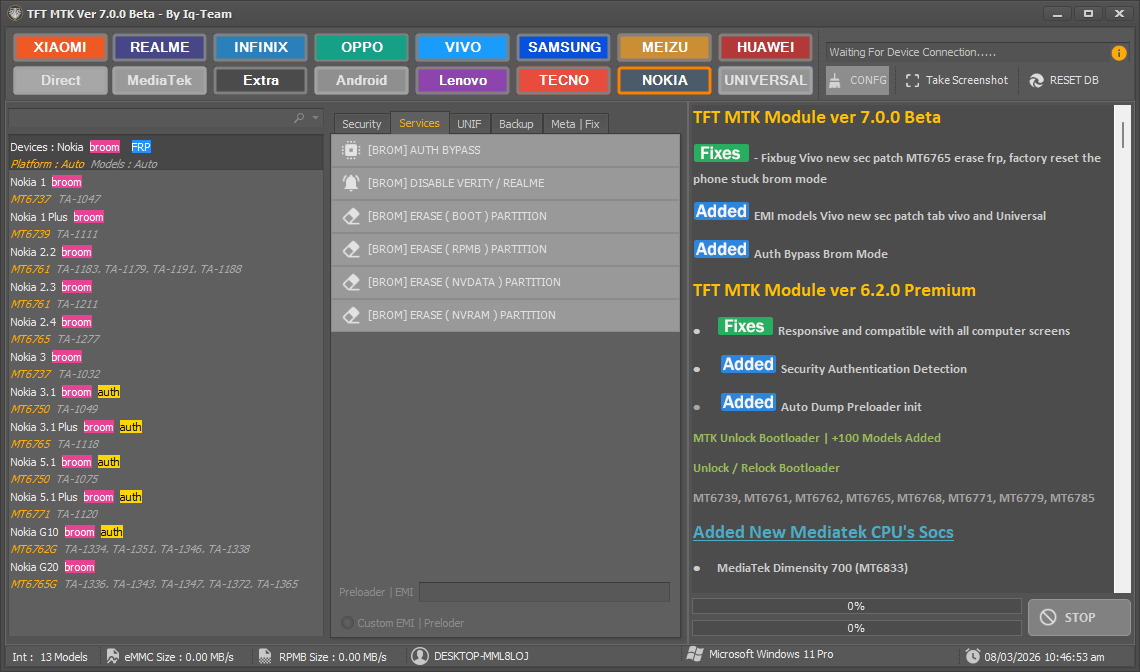 Gui screenshot of tft mtk module by iq-team showing the nokia category and brom services tab functions.