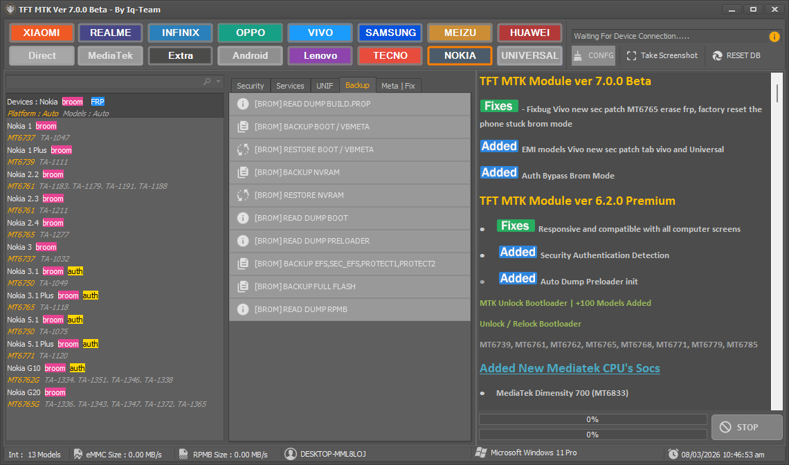 Tft mtk module tool backup tab showing options to read dump backup nvram and extract full flash.