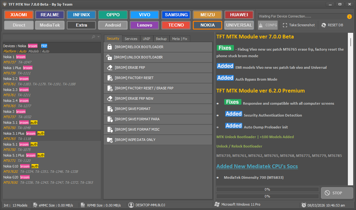 Tft mtk module tool beta interface by iq-team showing supported android brands and brom security operations