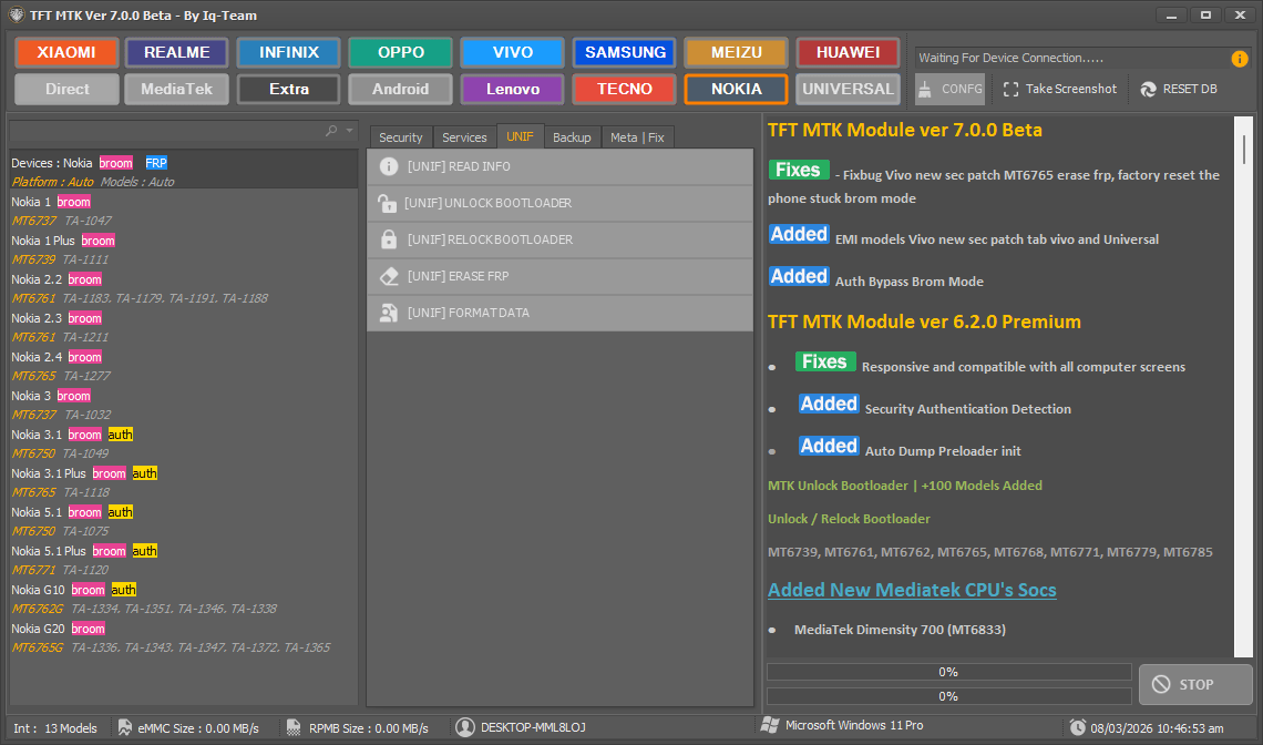 Tft mtk module tool v7. 0. 0 beta unif tab interface showing read info and format data features.