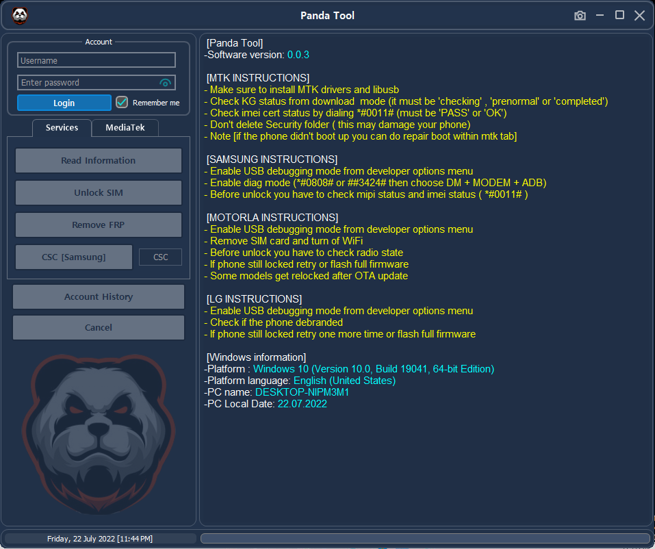 Panda Tool V0.4 Change CSC FRP Bypass Remove User Lock Tool