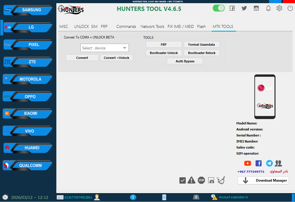 Hunters tool the lg mtk tools section with device conversion frp bootloader and auth bypass