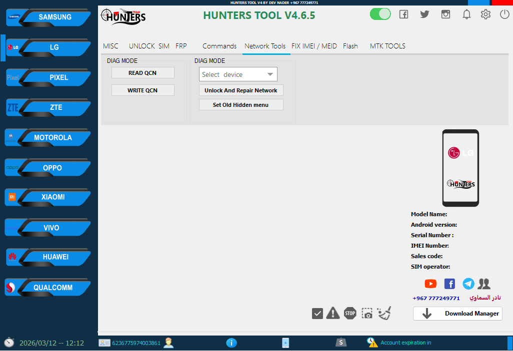 Hunters tool the lg network tools section with diag mode options for reading and writing qcn files and repairing network settings.