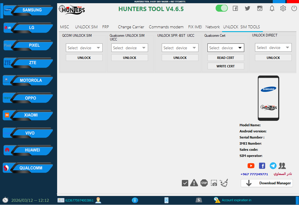 Hunters tool software interface showing the unlock sim tools tab with qualcomm sim unlock uicc certificate and direct unlock options.