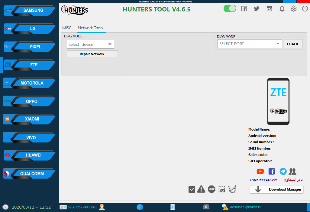 Hunters tool the zte network tools section with diag mode options for network repair and port checking.