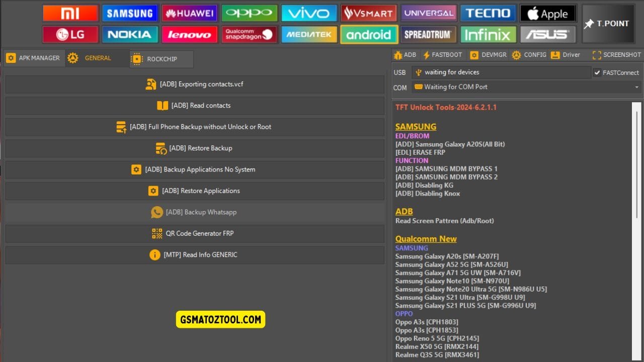 Tft unlock tool latest version free download (all-in-one solution) 48 Tft unlock tool general tab showing adb backup contacts export whatsapp backup and restore options