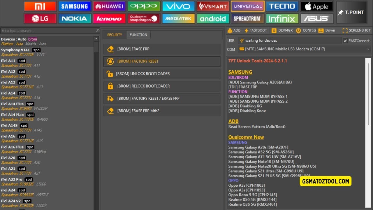 Tft unlock tool latest version free download (all-in-one solution) 26 Screenshot of tft unlock tool 2024 showing the universal device list function tab options adb and mtp tools frp functions and usb/com connection status.