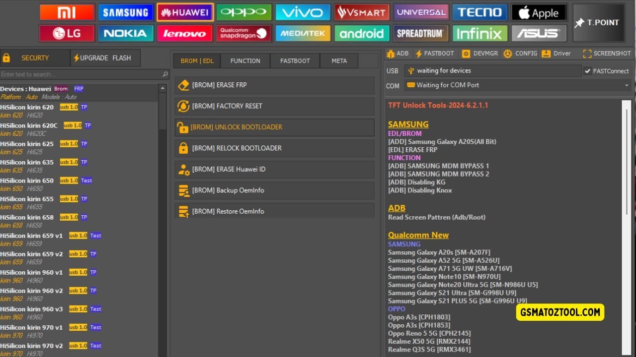 Tft unlock tool latest version free download (all-in-one solution) 13 Screenshot of tft unlock tool 2025 showing the huawei device list brom/edl options frp erase bootloader tools and usb/com connection status.
