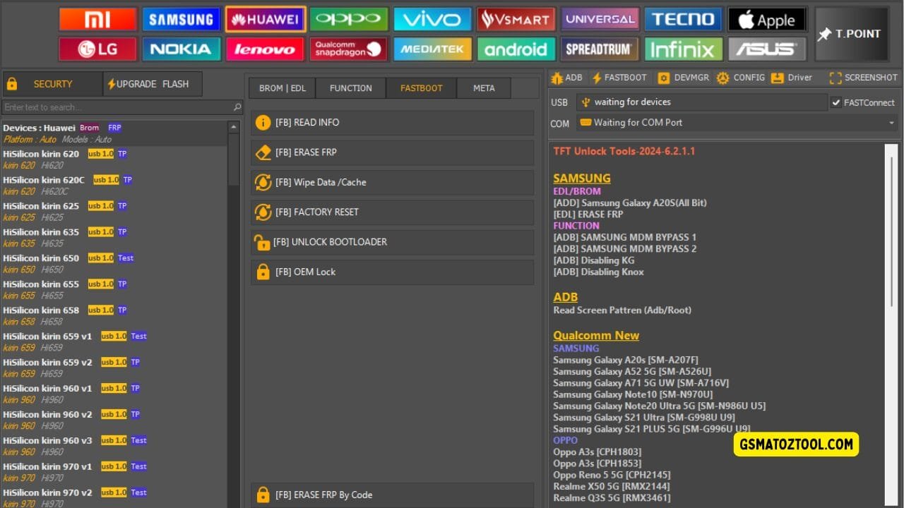 Tft unlock tool latest version free download (all-in-one solution) 15 Screenshot of tft unlock tool 2025 showing the huawei device list fastboot tab options frp tools bootloader controls and usb/com connection status.