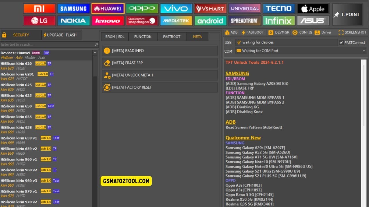 Tft unlock tool latest version free download (all-in-one solution) 16 Screenshot of tft unlock tool 2025 showing the huawei device list meta tab options frp erase factory reset and usb/com connection status.