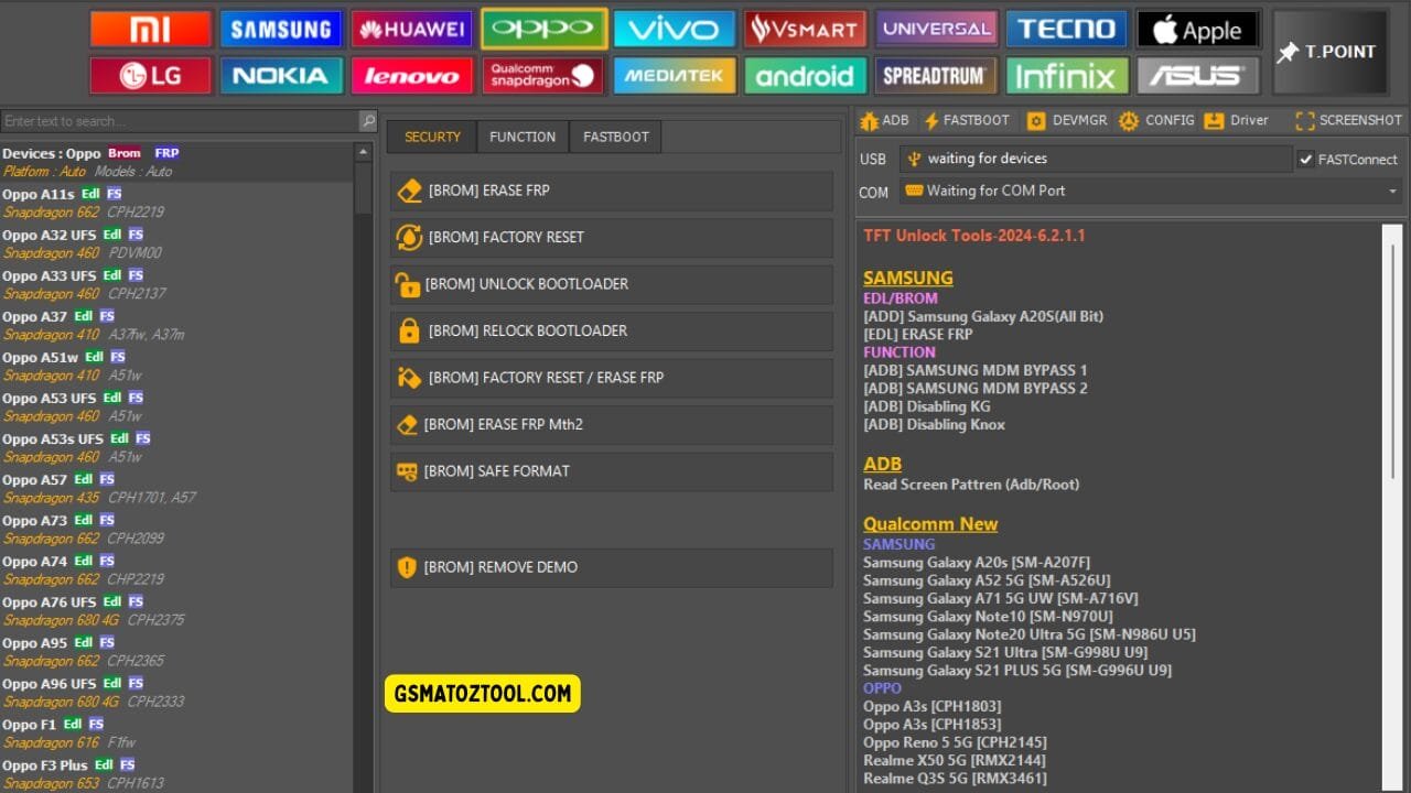 Tft unlock tool latest version free download (all-in-one solution) 17 Screenshot of tft unlock tool download showing the oppo device list security tab options frp and factory reset tools bootloader controls and usb/com connection status.