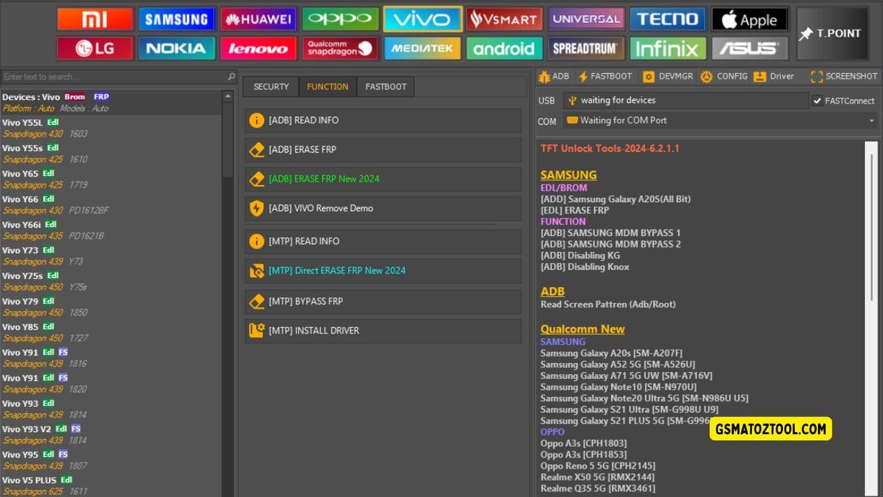 Tft unlock tool latest version free download (all-in-one solution) 21 Screenshot of tft unlock tool download showing the vivo device list function tab options adb and mtp frp tools remove demo feature and usb/com connection status.