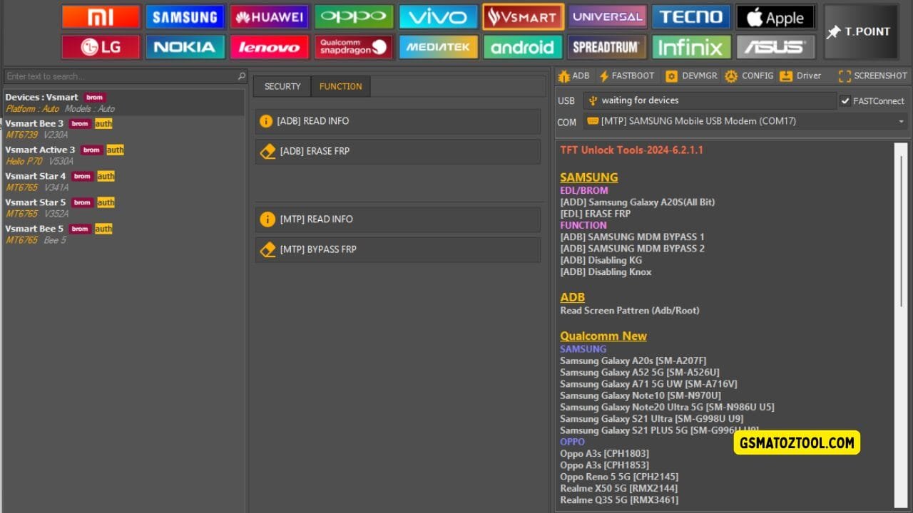 Tft unlock tool latest version free download (all-in-one solution) 24 Screenshot of tft unlock tool latest version showing the vsmart device list function tab options adb and mtp frp tools and usb/com connection status.