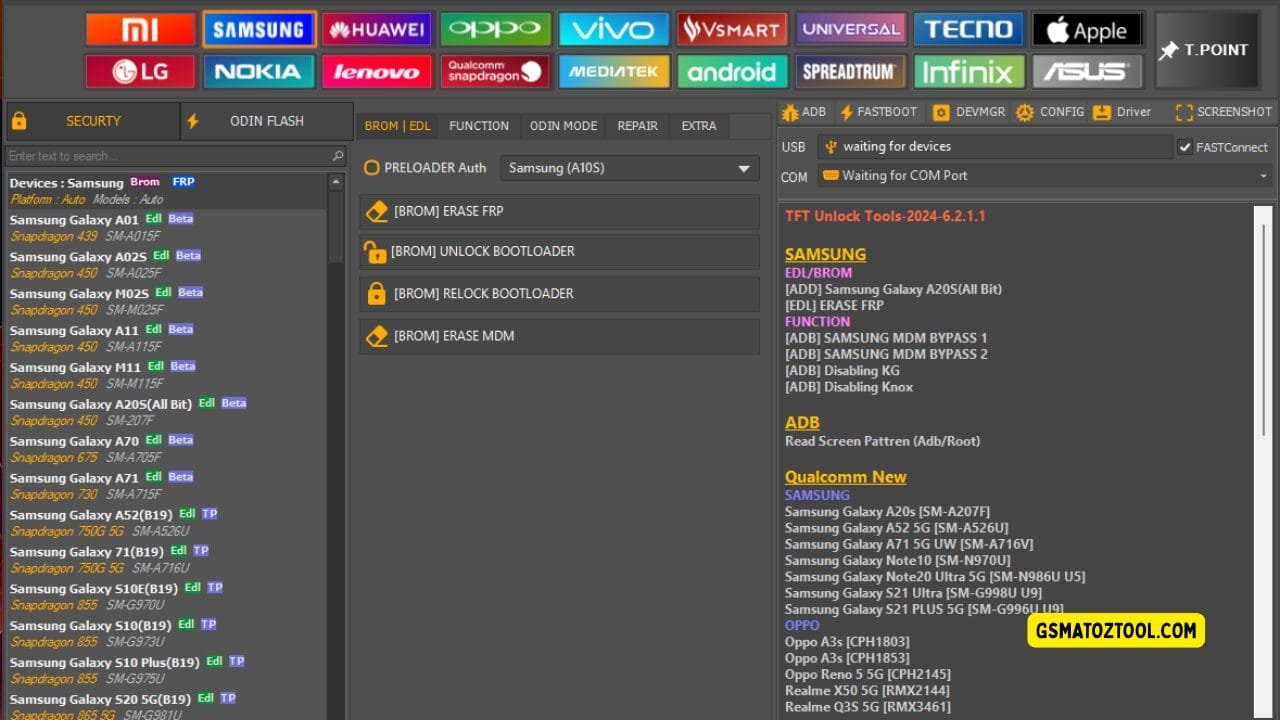 Tft unlock tool latest version free download (all-in-one solution) 8 Screenshot of tft unlock tool update 2025 showing the samsung device list brom/edl options odin flash tab and usb/com connection status.