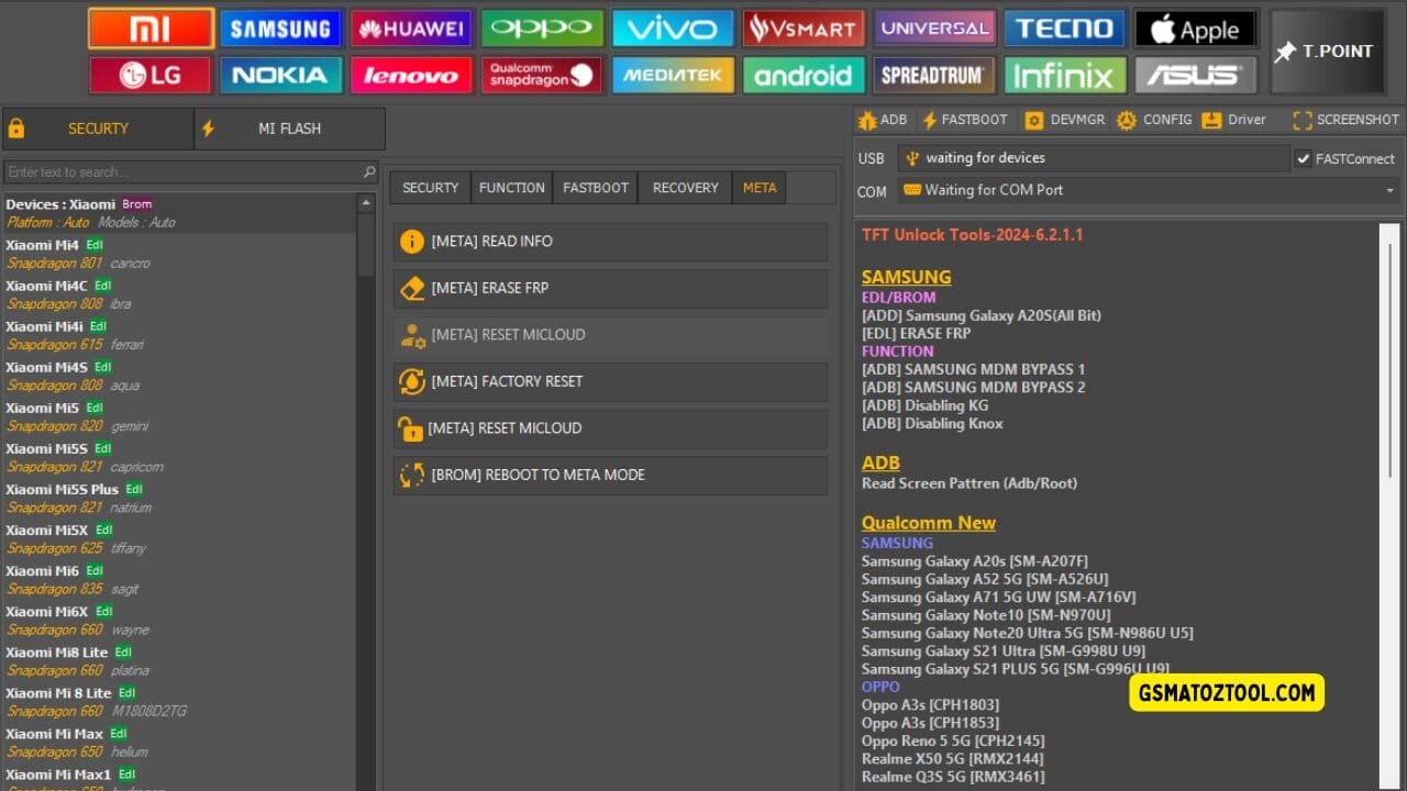 Tft unlock tool latest version free download (all-in-one solution) 6 Screenshot of tft unlock tool update 2025 showing the xiaomi device list meta tab options frp erase factory reset micloud reset and usb/com connection status.