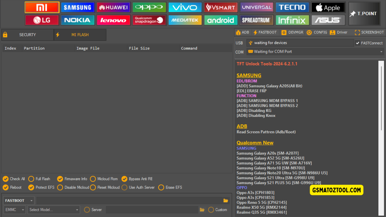 Tft unlock tool latest version free download (all-in-one solution) 7 Screenshot of tft unlock tool update 2025 showing the xiaomi mi flash panel with an empty partition table flashing options and usb/com connection status.