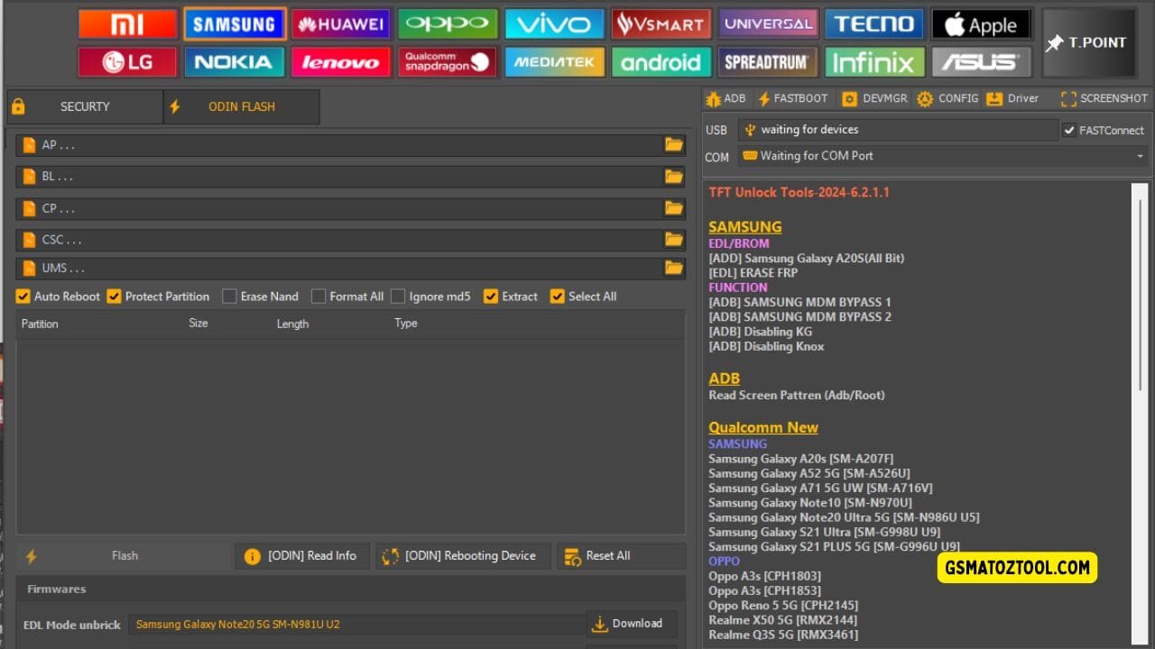 Tft unlock tool latest version free download (all-in-one solution) 12 Screenshot of tft unlock tool v6. 2. 1. 1 free download showing the samsung odin flash panel firmware file slots flash options and usb/com connection status.