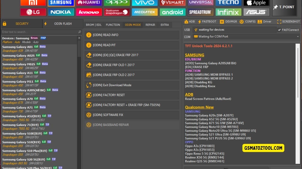 Tft unlock tool latest version free download (all-in-one solution) 10 Screenshot of tft unlock tool v6. 2. 1. 1 free download showing the samsung device list odin mode options frp erase tools factory reset features and usb/com connection status.